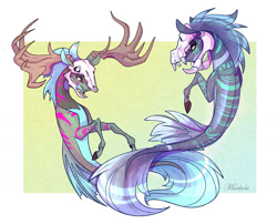 Size: 1280x1032 | Tagged: safe, artist:marbola, oc, oc only, deer, original species, seapony (g4), commission, fins, fish tail, flowing tail, helmet, horns, looking at each other, pink eyes, signature, simple background, smiling, tail, underwater