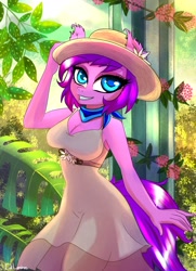 Size: 2000x2760 | Tagged: safe, artist:cali luminos, oc, oc only, oc:daisy, anthro, breasts, cleavage, clothes, dress, equine, female, garden, hat, high res, solo