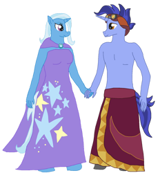 Size: 1280x1377 | Tagged: safe, artist:mlp-headstrong, hoo'far, trixie, anthro, g4, clothes, female, male, partial nudity, shipping, straight, topless, trixfar