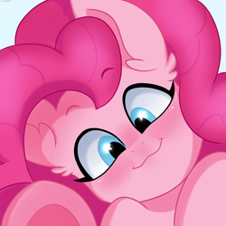 Size: 2500x2500 | Tagged: safe, artist:cottonaime, pinkie pie, earth pony, pony, g4, :3, blushing, cute, diapinkes, ear fluff, high res, looking at you, smiling, solo, starry eyes, wingding eyes