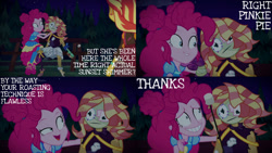 Size: 1280x720 | Tagged: safe, edit, edited screencap, editor:quoterific, screencap, pinkie pie, sunset shimmer, equestria girls, equestria girls specials, g4, my little pony equestria girls: better together, my little pony equestria girls: sunset's backstage pass, actual sunset shimmer, creepy, geode of sugar bombs, gritted teeth, magical geodes, music festival outfit, night, pinkie pie is best facemaker, puppet, shrunken pupils