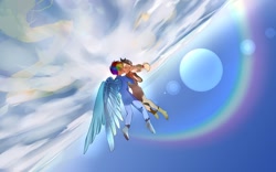 Size: 2048x1282 | Tagged: safe, artist:卯卯七, applejack, rainbow dash, human, g4, duo, earth, female, flying, humanized, lesbian, ship:appledash, shipping, winged humanization, wings