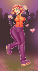 Size: 1963x3681 | Tagged: safe, artist:nauth, sunset shimmer, equestria girls, g4, my little pony equestria girls: better together, breasts, busty sunset shimmer, clothes, commission, dancing, female, happy, heart, jacket, light skin, music festival outfit, open mouth, party, solo