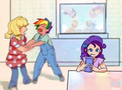 Size: 1154x848 | Tagged: safe, artist:卯卯七, applejack, fluttershy, rainbow dash, rarity, human, g4, child, clothes, context in description, cup, cute, detailed background, drinking, eyes closed, female, fight, freckles, fresh princess of friendship, hairclip, human coloration, humanized, kids, meme, open mouth, overalls, pigtails, ponified meme, ponified photo, sippy cup, television, trio, younger