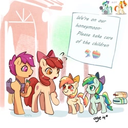 Size: 1024x1024 | Tagged: safe, artist:卯卯七, apple bloom, scootaloo, oc, earth pony, pegasus, pony, g4, child care, earth pony oc, female, filly, magical lesbian spawn, mouth hold, offspring, paper, parent:applejack, parent:rainbow dash, parents:appledash, pegasus oc, teenager