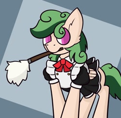 Size: 1138x1110 | Tagged: safe, artist:silverstararts, oc, oc only, oc:evergreen, pegasus, pony, clothes, crossdressing, duster, french maid, looking at you, maid, mouth hold, solo