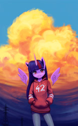 Size: 1500x2422 | Tagged: safe, artist:mrscroup, twilight sparkle, alicorn, anthro, g4, 42, clothes, cloud, cute, dawn, female, floating wings, hoodie, looking at you, mare, pants, pylon, sky, smiling, solo, tree, twiabetes, twilight sparkle (alicorn), wings
