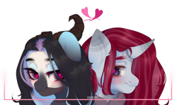 Size: 1280x761 | Tagged: safe, artist:azaani, oc, oc only, hybrid, original species, pony, unicorn, chibi, clothes, couple, cute, dragon horns, female, heart, horn, lesbian, looking at each other, love, mare, simple background, white background