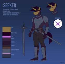 Size: 4798x4753 | Tagged: safe, artist:neoncel, oc, oc only, oc:seeker, unicorn, anthro, anthro oc, blindfold, reference sheet, solo, sword, weapon