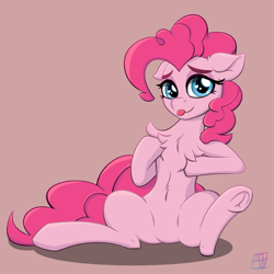 Size: 1500x1500 | Tagged: safe, artist:naen, pinkie pie, earth pony, pony, g4, chest fluff, cute, diapinkes, female, frog (hoof), simple background, simple shading, sitting, solo, tongue out, underhoof