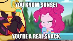 Size: 600x337 | Tagged: safe, edit, edited screencap, screencap, pinkie pie, sunset shimmer, equestria girls, g4, my little pony equestria girls: better together, my little pony equestria girls: choose your own ending, wake up!, wake up!: pinkie pie, bedroom eyes, caption, female, image macro, lesbian, ship:sunsetpie, shipping, text