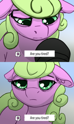 Size: 1417x2362 | Tagged: safe, artist:compound lift, daisy, flower wishes, earth pony, pony, g4, female, floppy ears, mare, microphone, mood, reaction image, solo, tired