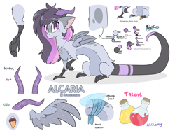 Size: 4600x3500 | Tagged: safe, artist:fluffyxai, oc, oc only, oc:alcaria, draconequus, draconequus oc, folded wings, horns, information, looking at you, open mouth, prehensile tail, reference sheet, solo, spread wings, tail, text, wings