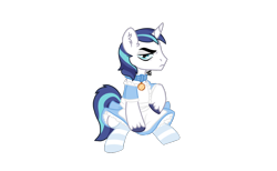 Size: 1294x795 | Tagged: safe, alternate version, artist:tooadorablebean, shining armor, pony, unicorn, g4, annoyed, apron, clothes, collar, commission, crossdressing, dress, maid, male, shining armor is not amused, simple background, sitting, socks, solo, stallion, striped socks, transparent background, unamused, unshorn fetlocks, ych result
