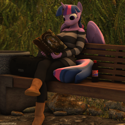 Size: 2160x2160 | Tagged: safe, artist:arcanetesla, twilight sparkle, alicorn, anthro, g4, 3d, alice in wonderland, autumn, bench, bookworm, boots, breasts, busty twilight sparkle, crossed legs, cute, evening, forest, high res, reading, shoes, smiling, soda, solo, source filmmaker, twilight sparkle (alicorn), uggs