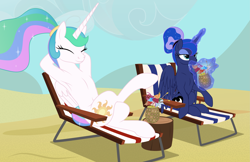 Size: 4633x2995 | Tagged: safe, artist:grypher, princess celestia, princess luna, alicorn, pony, between dark and dawn, g4, alternate hairstyle, armpits, beach, beach chair, belly, belly button, chair, crossed legs, cute, cutelestia, drink, drinking, duo, duo female, eyes closed, female, folded wings, glowing, glowing horn, high res, hooves behind head, horn, magic, magic aura, mare, misleading thumbnail, missing accessory, partially open wings, ponytail, royal sisters, siblings, sisters, sitting, slender, smiling, sunbathing, telekinesis, thin, wings
