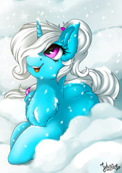 Size: 2894x4093 | Tagged: safe, artist:julunis14, oc, oc only, oc:pummela, pony, unicorn, chest fluff, commission, cute, digital art, gasp, hair over one eye, not trixie, ponytail, signature, snow, snowfall, snowflake, solo