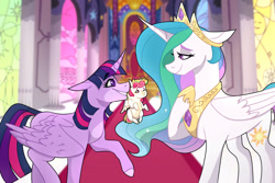 Size: 1280x854 | Tagged: safe, artist:primrosepaper, princess celestia, twilight sparkle, oc, alicorn, pony, g4, cutie mark, female, foal, holding a pony, horn, jewelry, magical lesbian spawn, mouth hold, multiple parents, next generation, offspring, parent:applejack, parent:fluttershy, parent:pinkie pie, parent:rainbow dash, parent:rarity, parent:twilight sparkle, parents:omniship, raised hoof, regalia, scruff, smiling, stained glass, throne room, twilight sparkle (alicorn), what has magic done, wings