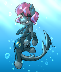 Size: 2200x2600 | Tagged: safe, artist:frecklesfanatic, oc, oc:cannonball, original species, shark, shark pony, high res, looking at you, one eye closed, smiling, species swap, underwater, wink, winking at you
