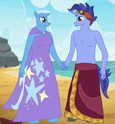 Size: 1280x1377 | Tagged: safe, alternate version, artist:mlp-headstrong, edit, hoo'far, trixie, anthro, g4, beach, cape, clothes, female, male, partial nudity, shipping, straight, topless, trixfar, trixie's cape