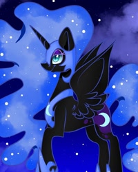Size: 1080x1350 | Tagged: safe, alternate version, artist:tessa_key_, nightmare moon, alicorn, pony, g4, colored, ethereal mane, female, helmet, hoof shoes, horn, mare, night, peytral, smiling, solo, starry mane, stars, wings