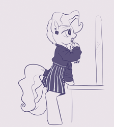 Size: 620x693 | Tagged: safe, artist:drafthoof, mayor mare, pony, g4, bipedal, black and white, clothes, grayscale, lipstick, monochrome, partially undressed, simple background, solo, younger
