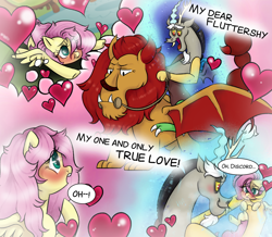 Size: 2000x1740 | Tagged: safe, artist:fluffleart, discord, fluttershy, draconequus, manticore, pegasus, pony, g4, blushing, comic, dream, female, heart, male, mare, ship:discoshy, shipping, straight