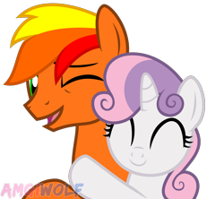 Size: 2470x2192 | Tagged: safe, artist:amgiwolf, sweetie belle, oc, earth pony, pony, unicorn, g4, bust, canon x oc, duo, earth pony oc, eyelashes, eyes closed, female, filly, high res, horn, hug, male, one eye closed, simple background, smiling, stallion, transparent background, wink