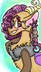 Size: 540x938 | Tagged: safe, artist:cocolove2176, oc, oc only, oc:coraliss rose, draconequus, hybrid, blushing, chest fluff, draconequus oc, ear piercing, earring, female, grin, interspecies offspring, jewelry, offspring, parent:discord, parent:fluttershy, parents:discoshy, piercing, smiling, solo