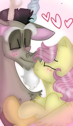Size: 540x938 | Tagged: safe, artist:cocolove2176, discord, fluttershy, draconequus, pegasus, pony, g4, blushing, bust, eyes closed, female, heart, hug, male, mare, ship:discoshy, shipping, simple background, smiling, straight, white background