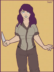 Size: 4961x6636 | Tagged: safe, artist:avery-valentine, oc, oc only, human, female, humanized, humanized oc, kitchen knife, knife, looking at you, purple hair, solo