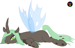 Size: 4196x2698 | Tagged: safe, artist:kyoshyu, oc, oc only, oc:ember (bladespark), changeling, high res, lying down, pregnant, prone, simple background, solo, tongue out, transparent background