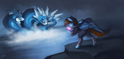 Size: 1280x616 | Tagged: safe, artist:hagalazka, oc, oc only, oc:pegasusgamer, dragon, hydra, pegasus, anthro, cape, clothes, multiple heads, water, wings