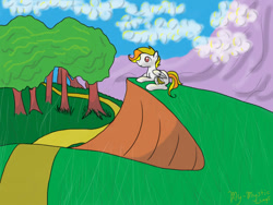Size: 1024x768 | Tagged: safe, artist:mirriora, oc, oc only, oc:mystic wings, pegasus, pony, day, hill, looking up, lying down, pegasus oc, scenery, solo, tree