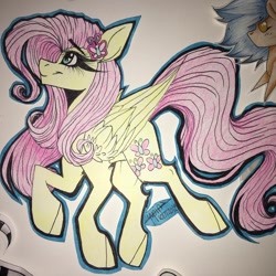 Size: 1080x1079 | Tagged: safe, artist:moshi.poni, fluttershy, pegasus, pony, g4, colored hooves, eyelashes, female, hairclip, looking up, mare, signature, smiling, solo, traditional art, wings