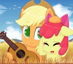 Size: 2900x2550 | Tagged: safe, artist:laylaelvy278, apple bloom, applejack, g4, adorabloom, apple sisters, blushing, cloud, cute, duo, eyes closed, female, field, filly, guitar, head pat, high res, mare, musical instrument, open mouth, pat, sibling love, siblings, signature, sisterly love, sisters, sky