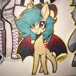 Size: 1080x1080 | Tagged: safe, artist:moshi.poni, demon, demon pony, pony, bat wings, colored hooves, converse, ear fluff, eyelashes, female, horns, mare, offscreen character, shoes, signature, smiling, traditional art, wings