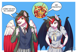 Size: 3795x2543 | Tagged: safe, artist:jack-pie, sunset shimmer, oc, bat pony, pegasus, unicorn, anthro, g4, bat pony oc, beastars, clothes, commission, high res, open mouth, pants, pegasus oc, spanish