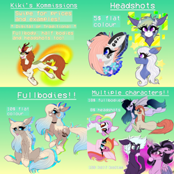 Size: 2160x2160 | Tagged: safe, artist:moshi.poni, autumn blaze, coconut cream, toola roola, oc, alicorn, bat pony, earth pony, kirin, pony, unicorn, :p, advertisement, alicorn oc, bat pony oc, bat wings, blushing, bubblegum, bust, chest fluff, choker, commission info, curved horn, derp, ear fluff, ear piercing, eye clipping through hair, eyelashes, female, food, frog (hoof), gradient background, grin, gum, horn, horns, leonine tail, licking, licking lips, mare, piercing, smiling, tongue out, underhoof, unicorn oc, wings