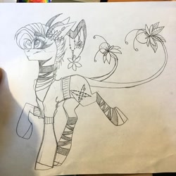 Size: 1080x1080 | Tagged: safe, artist:moshi.poni, oc, oc only, original species, plant pony, pony, augmented tail, ear fluff, eyelashes, female, flower, flower in hair, horns, lineart, mare, plant, raised hoof, smiling, solo, traditional art