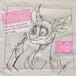 Size: 1080x1080 | Tagged: safe, artist:moshi.poni, oc, oc only, alicorn, insect, pony, alicorn oc, bust, chest fluff, commission, curved horn, ear fluff, eyelashes, female, horn, lineart, mare, smiling, solo, traditional art, wings, your character here