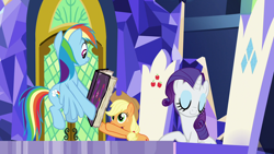 Size: 1920x1080 | Tagged: safe, screencap, applejack, rainbow dash, rarity, earth pony, pegasus, pony, unicorn, fame and misfortune, g4, book, female, friendship throne, mare, trio