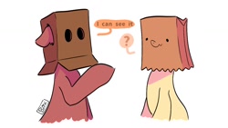 Size: 1280x720 | Tagged: safe, artist:notboxcasted, oc, oc only, oc:box pony, oc:paper bag, pony, box, dialogue, floppy ears, mask, paper bag, question mark, solo