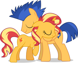 Size: 10662x8602 | Tagged: safe, artist:starcollider, flash sentry, sunset shimmer, pegasus, pony, unicorn, g4, .svg available, absurd resolution, eyes closed, female, floppy ears, male, mare, raised hoof, ship:flashimmer, shipping, show accurate, simple background, stallion, straight, transparent background, vector