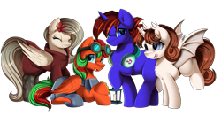 Size: 4309x2250 | Tagged: safe, artist:pridark, oc, oc only, oc:cosmic feather, oc:mello solo, alicorn, bat pony, bat pony alicorn, pegasus, pony, unicorn, alicorn oc, bat pony oc, bat wings, chest fluff, clothes, commission, crossed hooves, goggles, group, headphones, hoodie, horn, lantern, simple background, tongue out, transparent background, wings