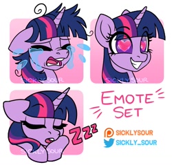Size: 1179x1127 | Tagged: safe, artist:sickly-sour, twilight sparkle, pony, unicorn, g4, crying, emotes, eyes closed, female, floppy ears, heart eyes, mare, messy mane, onomatopoeia, open mouth, sleeping, smiling, solo, sound effects, wingding eyes, zzz