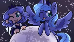 Size: 1920x1080 | Tagged: safe, artist:inkyyz, princess luna, alicorn, human, pony, g4, :p, backpack, crown, cute, dark skin, female, full moon, heart eyes, human ponidox, humanized, jewelry, looking at you, lunabetes, mare in the moon, moon, night, one eye closed, regalia, self ponidox, sky, spread wings, stars, tangible heavenly object, tongue out, wingding eyes, wings, wink