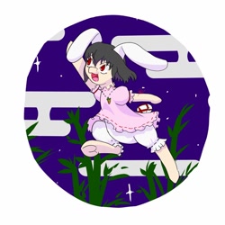 Size: 1024x1024 | Tagged: safe, artist:krev, earth pony, pony, bunny ears, clothes, dress, female, inaba tewi, jumping, mare, ponified, solo, touhou