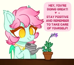 Size: 1185x1034 | Tagged: safe, artist:sickly-sour, oc, oc only, oc:sweet pea, bat pony, pony, collar, female, mare, motivational, solo, text, watering can