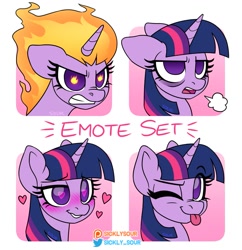 Size: 1197x1236 | Tagged: safe, artist:sickly-sour, twilight sparkle, pony, unicorn, g4, :p, ;p, angry, bags under eyes, blushing, breath, emotes, emoticon, female, fiery eyes, fire, flame eyes, floating heart, floppy ears, heart, heart eyes, mare, one eye closed, rapidash twilight, sigh, solo, tired, tongue out, unicorn twilight, wingding eyes, wink